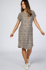 Taupe Animal Print V-Neck Maternity Dress