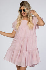 Light Pink Tiered Ruffle Sleeve Dress