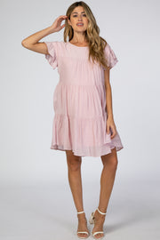 Light Pink Tiered Ruffle Sleeve Maternity Dress