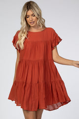 Rust Tiered Ruffle Sleeve Dress