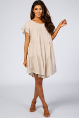 Beige Tiered Ruffle Sleeve Maternity Dress