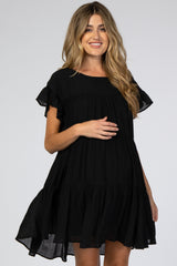 Black Tiered Ruffle Sleeve Maternity Dress