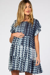 Navy Blue Tie Die Pleated Ruffle Tier Maternity Dress