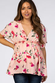 Pink Floral Wrap Front Lettuce Trim Maternity Top