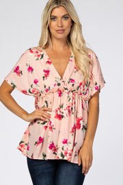 Pink Floral Wrap Front Lettuce Trim Top