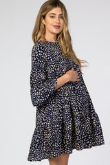 Navy Animal Print Tiered Maternity Mini Dress