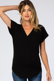 Black V-Neck Raw Hem Maternity Short Sleeve Top