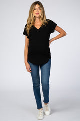 Black V-Neck Raw Hem Maternity Short Sleeve Top