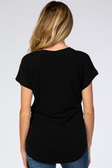 Black V-Neck Raw Hem Maternity Short Sleeve Top