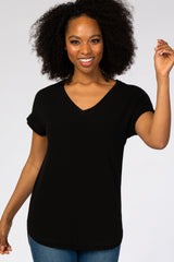 Black V-Neck Raw Hem Maternity Short Sleeve Top