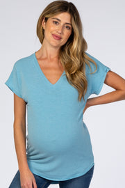 Blue V-Neck Raw Hem Maternity Short Sleeve Top