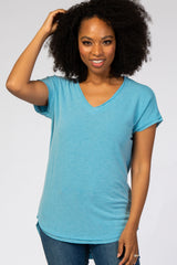 Blue V-Neck Raw Hem Short Sleeve Top