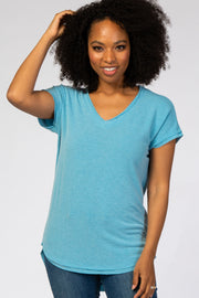 Blue V-Neck Raw Hem Short Sleeve Top