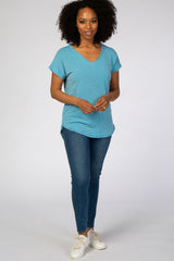 Blue V-Neck Raw Hem Short Sleeve Top