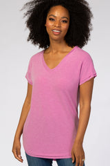 Mauve V-Neck Raw Hem Short Sleeve Top