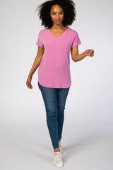 Mauve V-Neck Raw Hem Short Sleeve Top