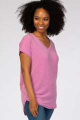 Mauve V-Neck Raw Hem Short Sleeve Top