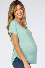 Mint Green V-Neck Raw Hem Maternity Short Sleeve Top