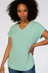 Mint Green V-Neck Raw Hem Short Sleeve Top