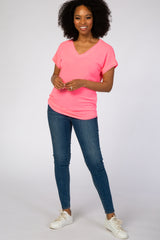 Neon Pink V-Neck Raw Hem Short Sleeve Top