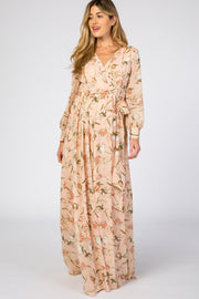 Light Pink Floral Maternity Long Sleeve Maxi Dress