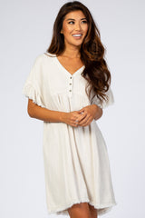 Beige Linen Fringe Trim Babydoll Dress