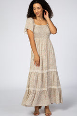 Ivory Floral Square Neck Smocked Front Lace Trim Maternity Maxi Dress