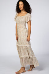 Ivory Floral Square Neck Smocked Front Lace Trim Maxi Dress