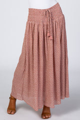 Mauve Floral Chiffon Smocked Elastic Waist Midi Skirt