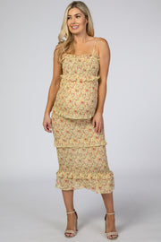 Yellow Floral Chiffon Smocked Fitted Maternity Midi Dress