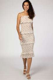 Ivory Floral Chiffon Smocked Fitted Midi Dress