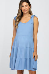 Light Blue Ribbed Knot Tie Maternity Dress