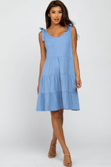 Light Blue Ribbed Knot Tie Maternity Dress