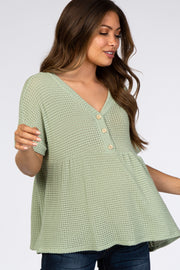 Light Olive Open Knit Button Front Babydoll Maternity Top