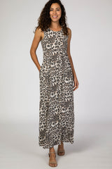 Brown Animal Print Sleeveless Maternity Maxi Dress