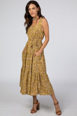 Yellow Floral Square Neck Button Front Maternity Midi Dress