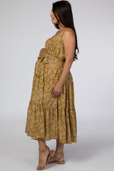 Yellow Floral Square Neck Button Front Maternity Midi Dress