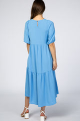 Light Blue Tiered Bubble Short Sleeve Maternity Midi Dress