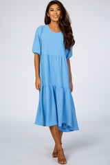 Light Blue Tiered Bubble Short Sleeve Maternity Midi Dress