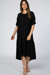 Black Tiered Bubble Short Sleeve Maternity Midi Dress