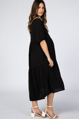 Black Tiered Bubble Short Sleeve Maternity Midi Dress