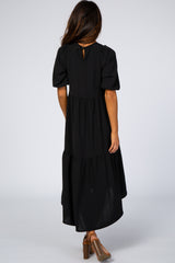 Black Tiered Bubble Short Sleeve Midi Dress