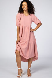 Mauve Tiered Bubble Short Sleeve Midi Dress