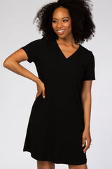 Black Ribbed V-Neck Short Sleeve Dress