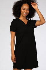 Black Ribbed V-Neck Short Sleeve Dress