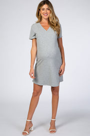 Heather Grey Ribbed V-Neck Short Sleeve Maternity Dress