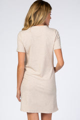 Beige Ribbed V-Neck Short Sleeve Maternity Dress