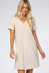 Beige Ribbed V-Neck Short Sleeve Dress