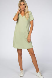 Mint Green Ribbed V-Neck Short Sleeve Dress