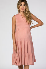 Pink Split Neck Tiered Maternity Midi Dress